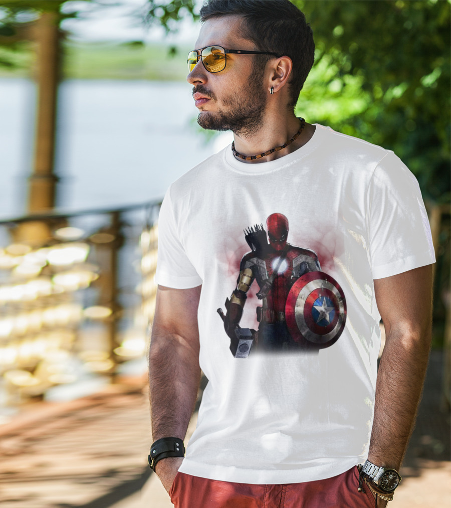 Overpowered Avengers Man Captain America Spider-Man Thor Iron Man Fusion With Shield And Mjolnir T-Shirt