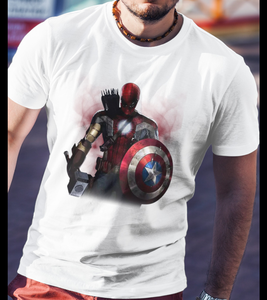 Overpowered Avengers Man Captain America Spider-Man Thor Iron Man Fusion With Shield And Mjolnir T-Shirt