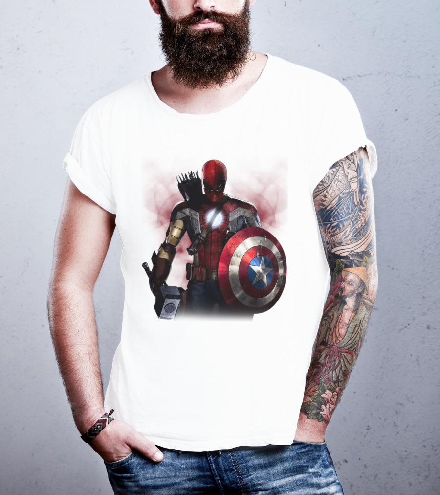 Overpowered Avengers Man Captain America Spider-Man Thor Iron Man Fusion With Shield And Mjolnir T-Shirt