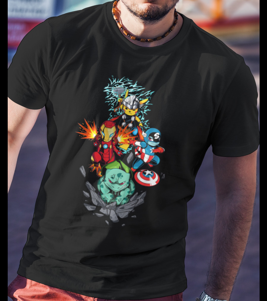 Avengers Pokemon Crossover Pikachu Thor Iron Man Bulbasaur Captain America T-Shirt