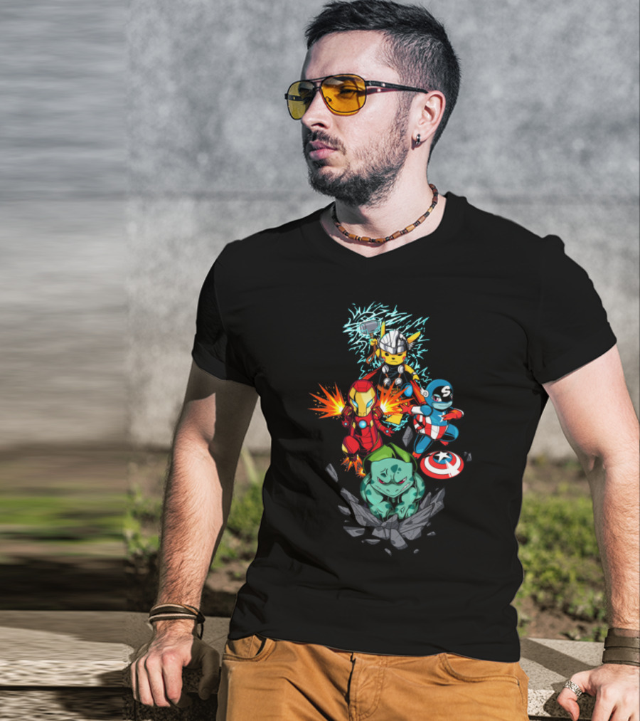 Avengers Pokemon Crossover Pikachu Thor Iron Man Bulbasaur Captain America T-Shirt