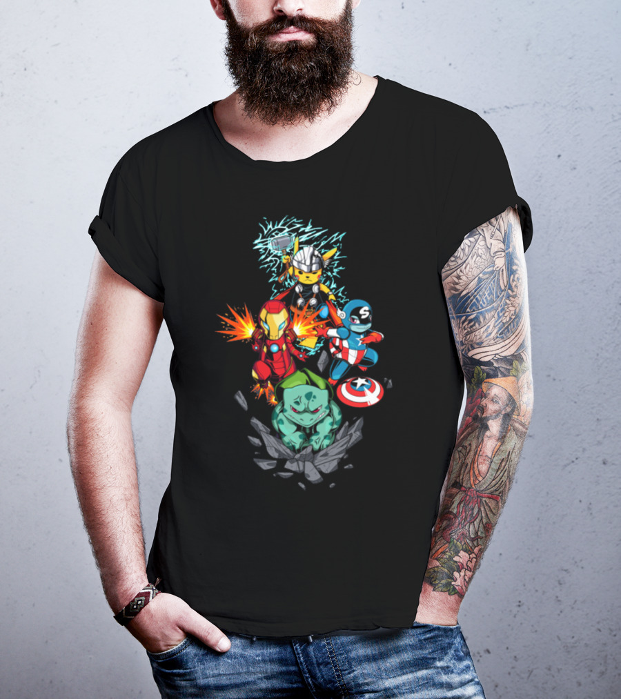 Avengers Pokemon Crossover Pikachu Thor Iron Man Bulbasaur Captain America T-Shirt
