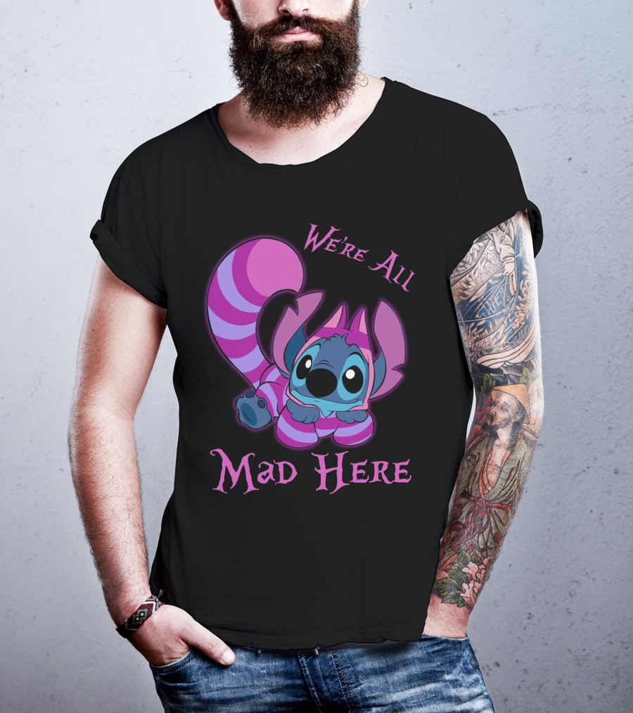 Stitch And Cheshire Cat We're All Mad Here Crossover T-Shirt