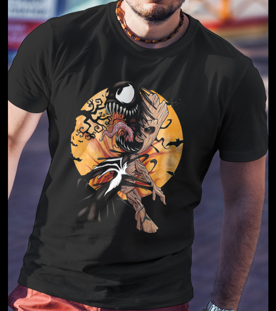 Baby Groot Venom Symbiote Halloween Moon Scene T-Shirt