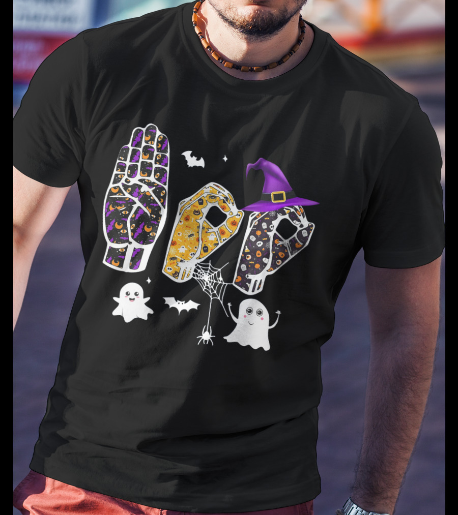 Deaf Pride Halloween Sign Language Hands With Ghosts Bats And Witch Hat T-Shirt
