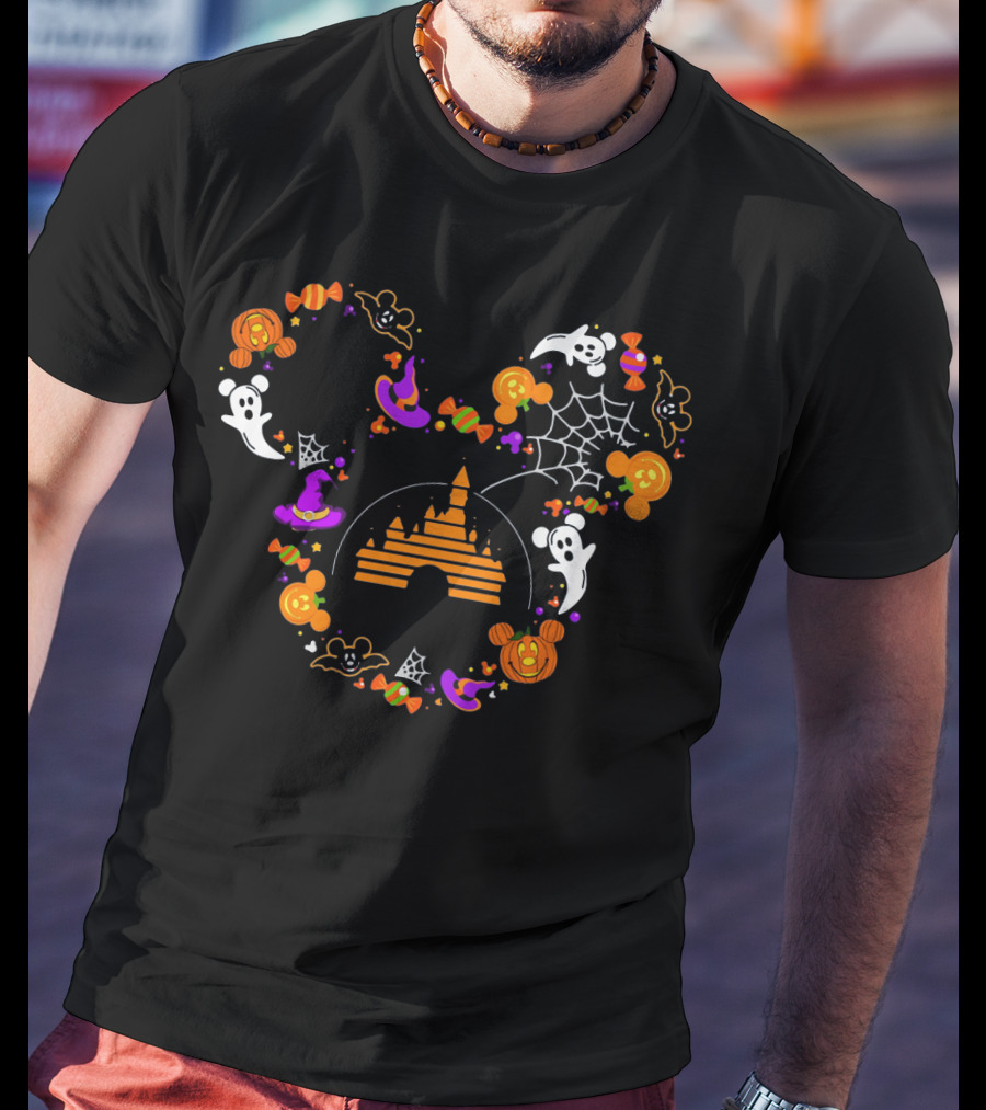 Mickey Mouse Halloween Candy Ghosts Pumpkins Magic Castle Spiderwebs T-Shirt