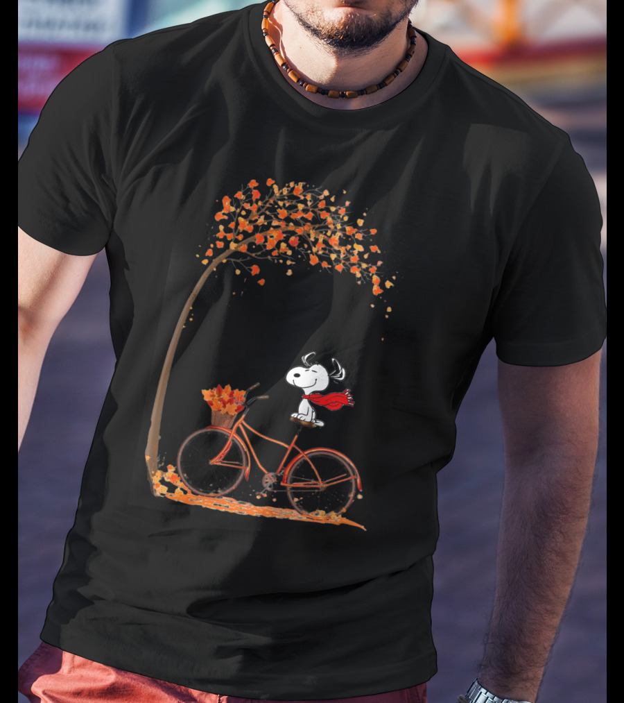 Snoopy Enjoying Autumn Leaves Bicycle Ride Under Fall Tree T-Shirt