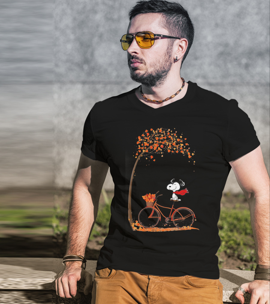 Snoopy Enjoying Autumn Leaves Bicycle Ride Under Fall Tree T-Shirt