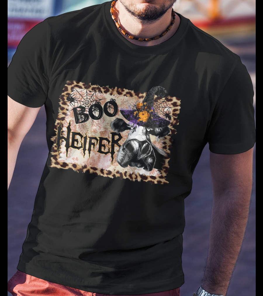 Boo Heifer Halloween Cow Witch Hat Leopard Print Spiderweb T-Shirt