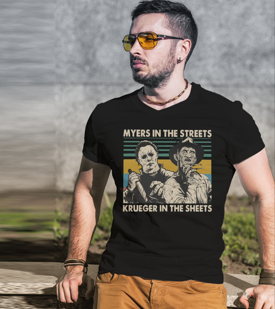 Myers In The Streets Krueger In The Sheets Horror Icons T-Shirt