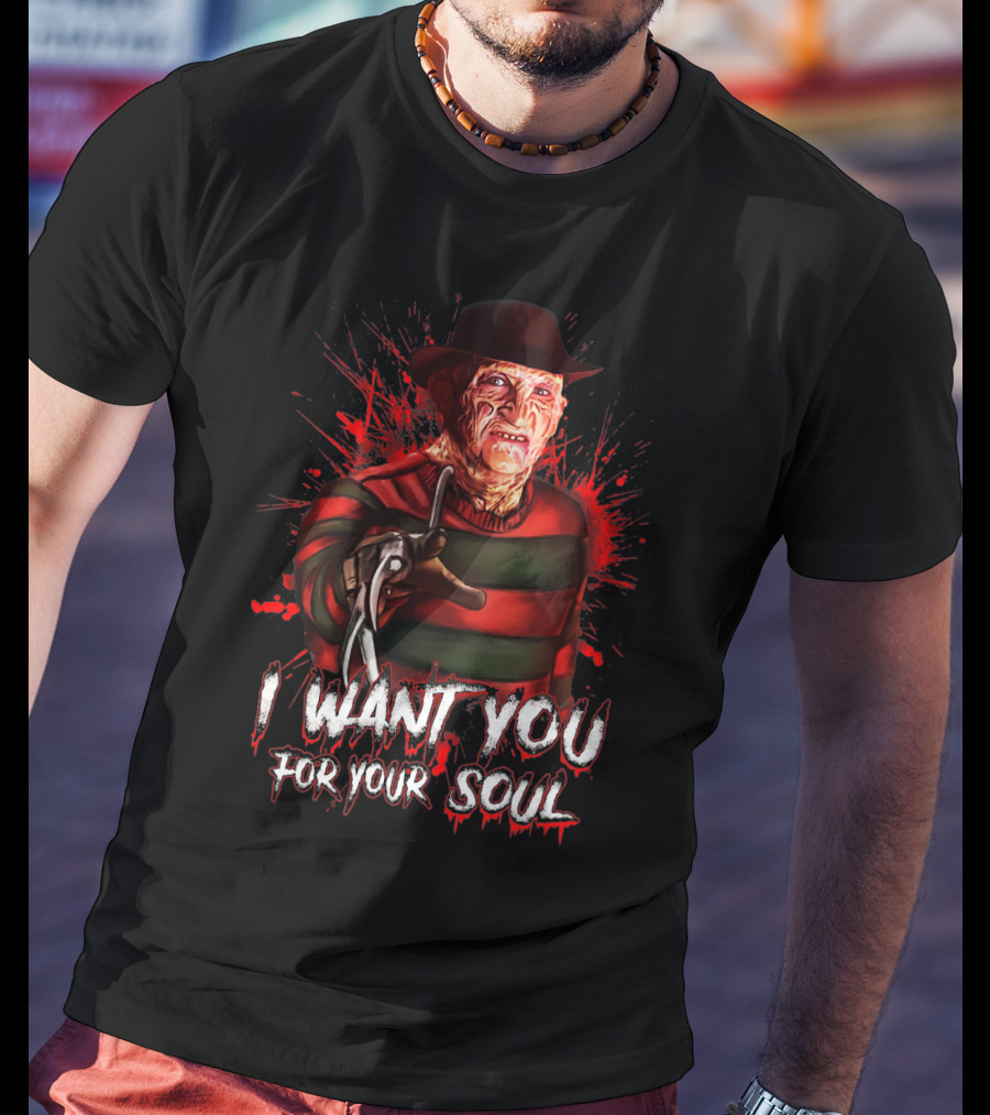 Freddy Krueger I Want You For Your Soul Horror Icon With Red And Green Stripes And Claw Glove T-Shirt