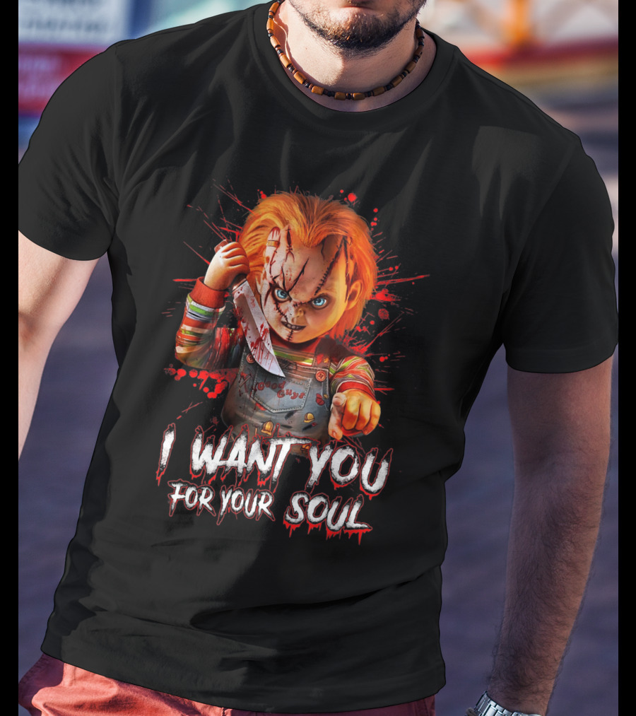 Chucky Horror Character With Knife I Want You For Your Soul T-Shirt