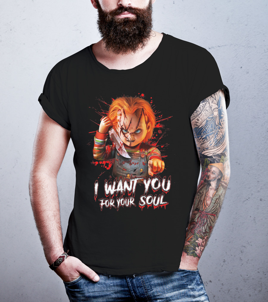 Chucky Horror Character With Knife I Want You For Your Soul T-Shirt