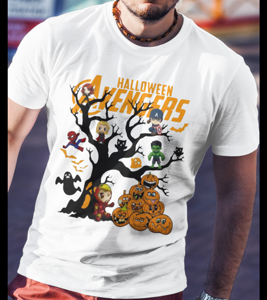 Chibi Halloween Avengers Characters With Pumpkins And Ghosts T-Shirt