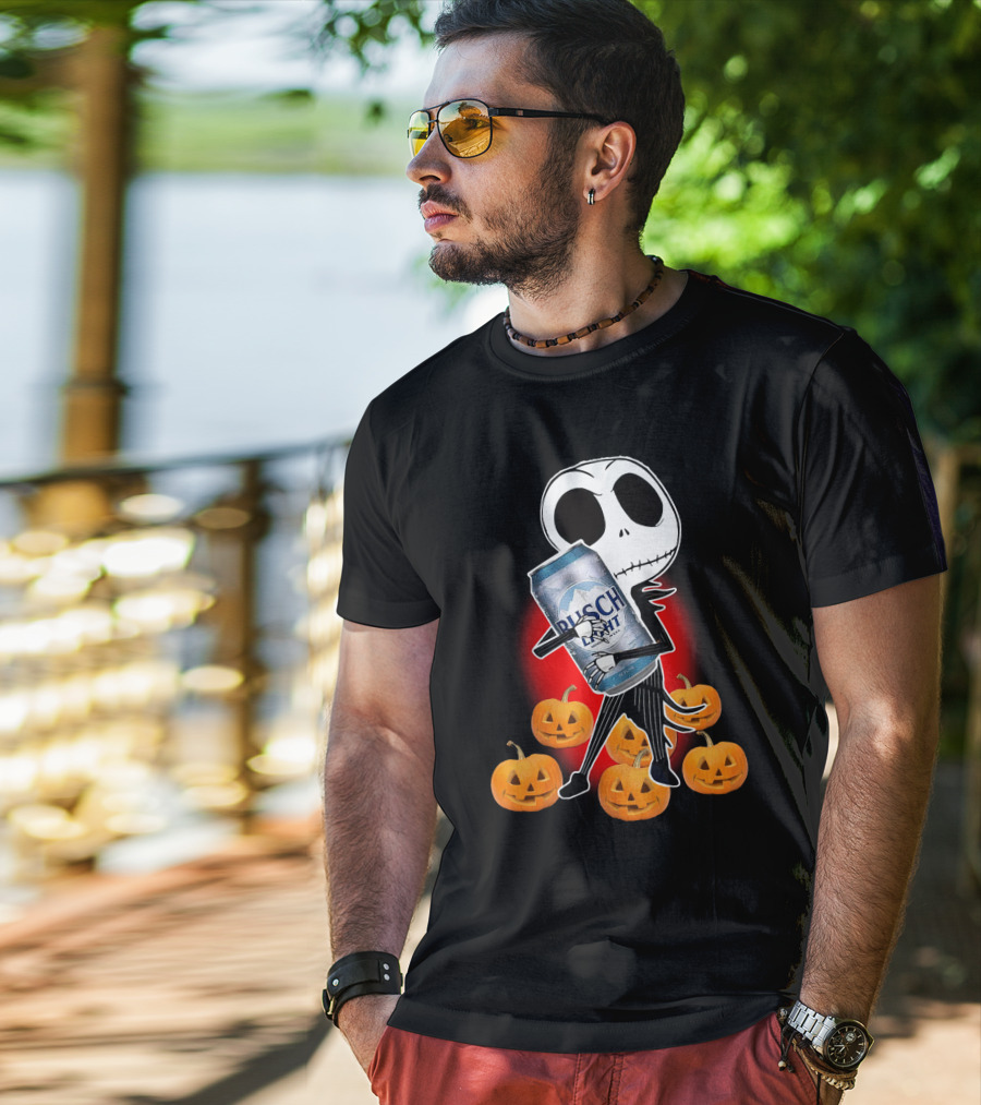 Jack Skellington Busch Light Hug Surrounded By Pumpkins Halloween T-Shirt