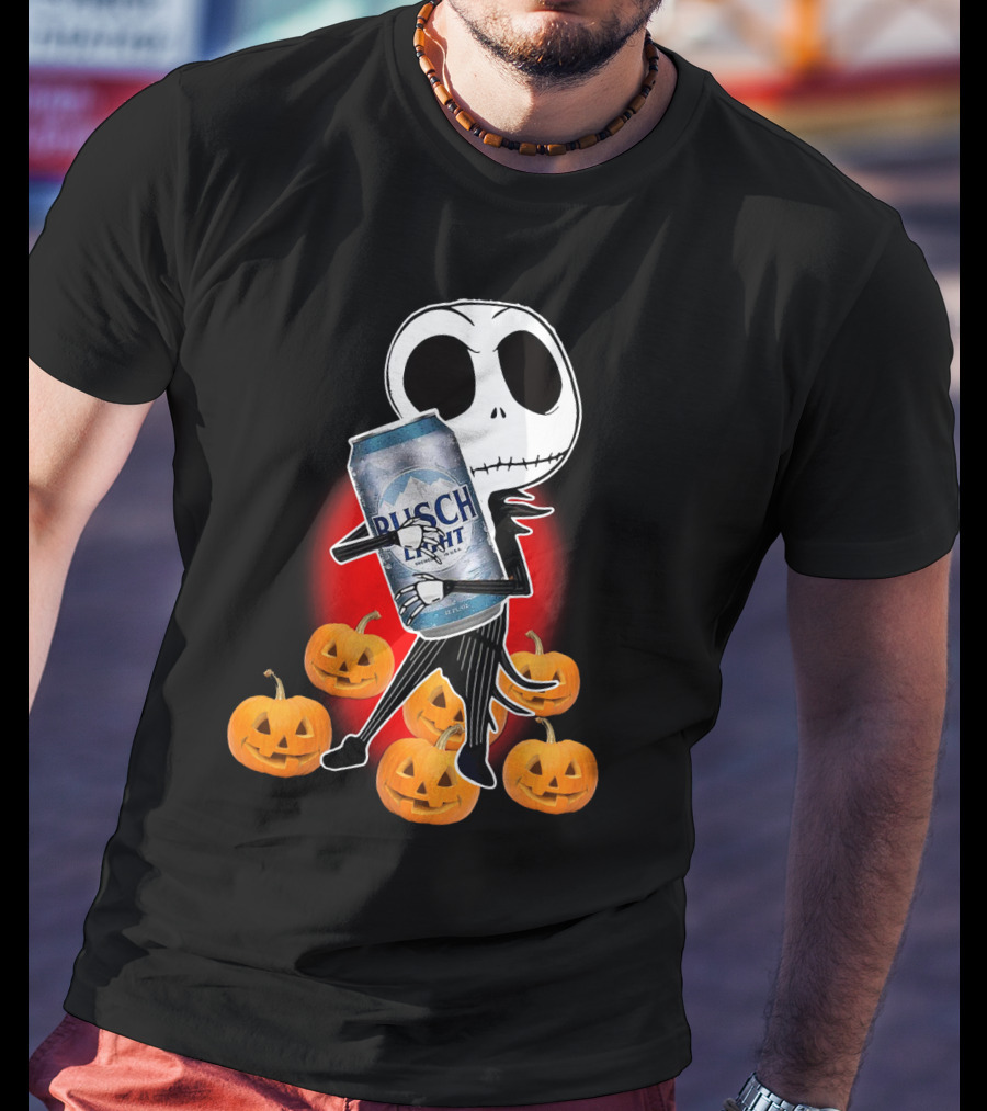 Jack Skellington Busch Light Hug Surrounded By Pumpkins Halloween T-Shirt