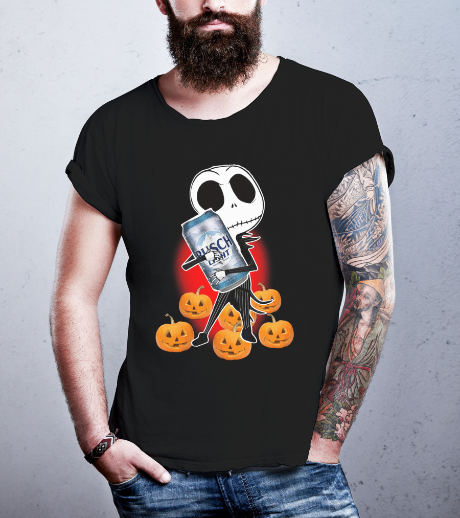 Jack Skellington Busch Light Hug Surrounded By Pumpkins Halloween T-Shirt