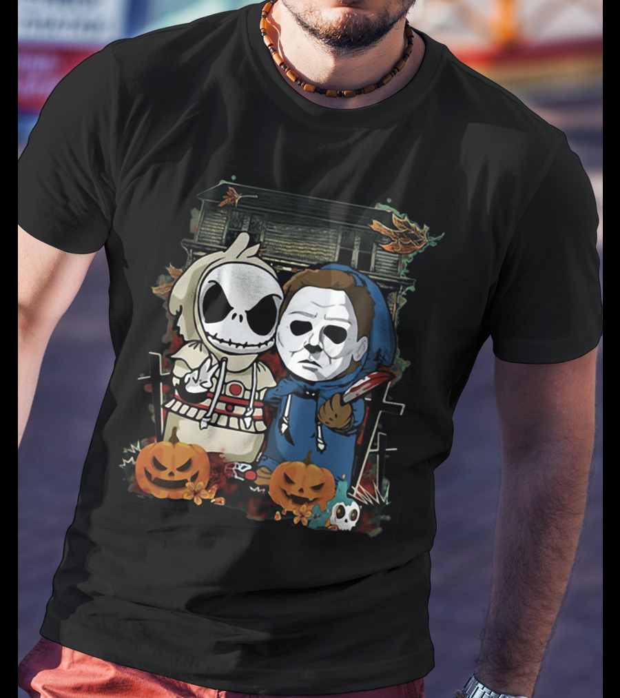 Jack Skellington And Michael Myers Halloween Crossover With Haunted House And Pumpkins T-Shirt