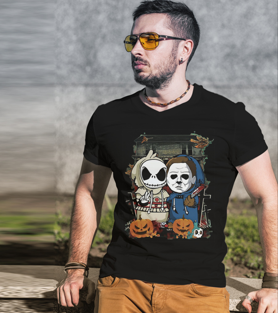 Jack Skellington And Michael Myers Halloween Crossover With Haunted House And Pumpkins T-Shirt