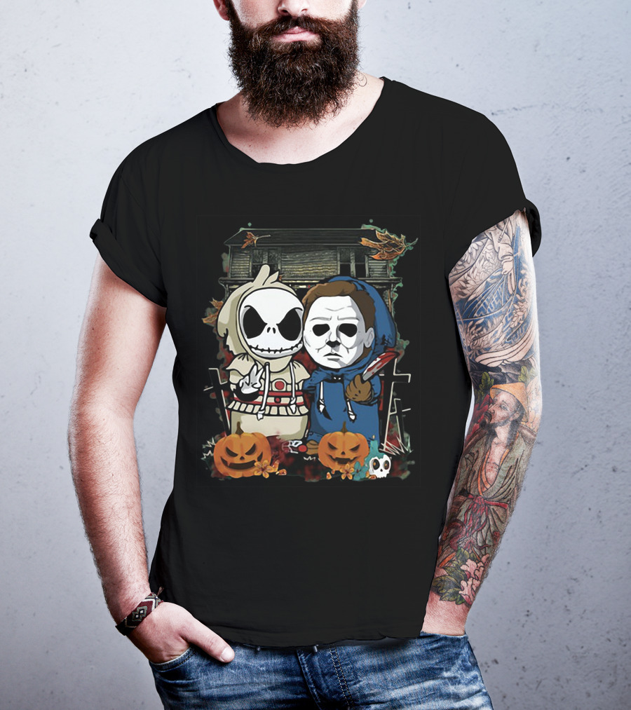 Jack Skellington And Michael Myers Halloween Crossover With Haunted House And Pumpkins T-Shirt