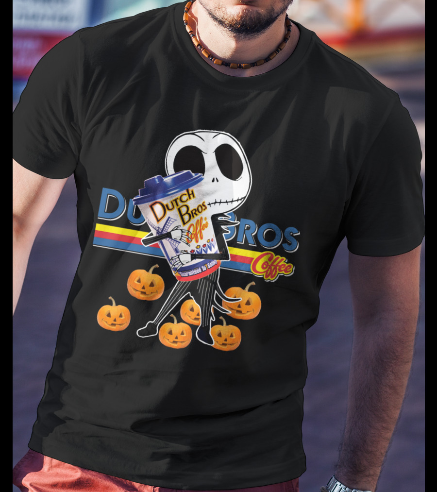 Jack Skellington Holding Dutch Bros Coffee Cup Surrounded By Pumpkins T-Shirt