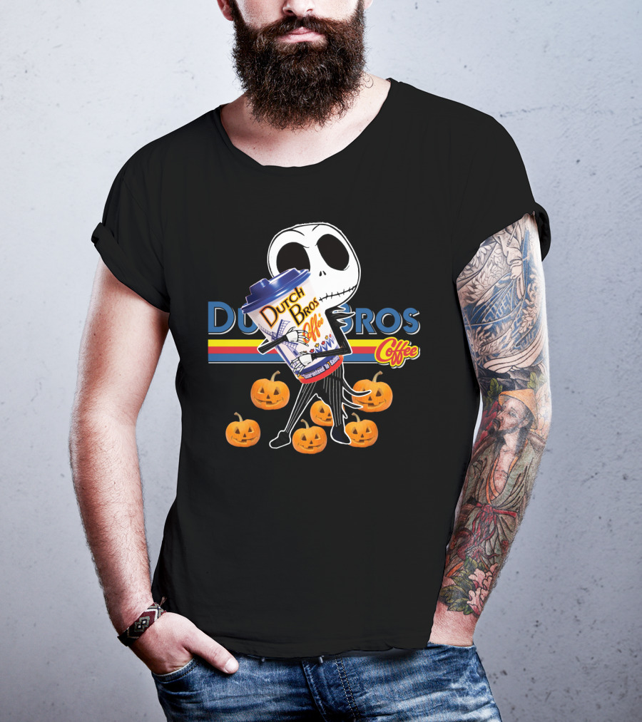 Jack Skellington Holding Dutch Bros Coffee Cup Surrounded By Pumpkins T-Shirt