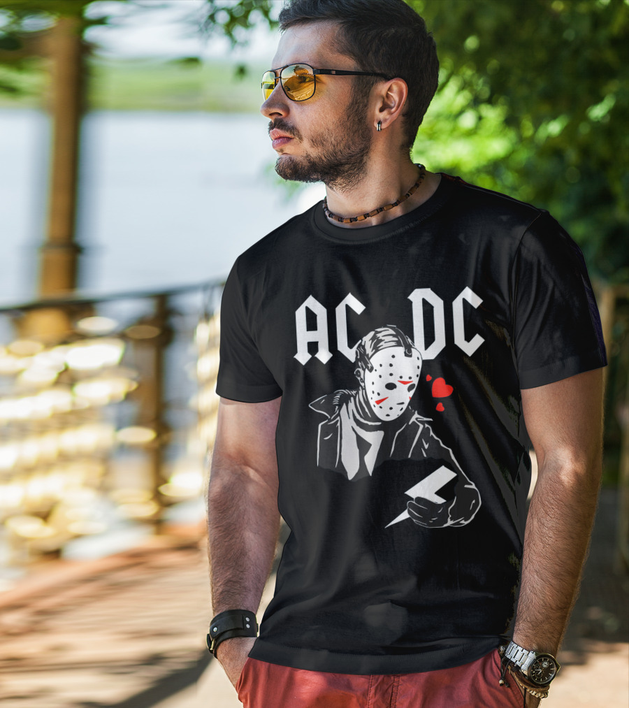 Acdc Jason Voorhees Mask Holding Lightning Bolt With Hearts T-Shirt