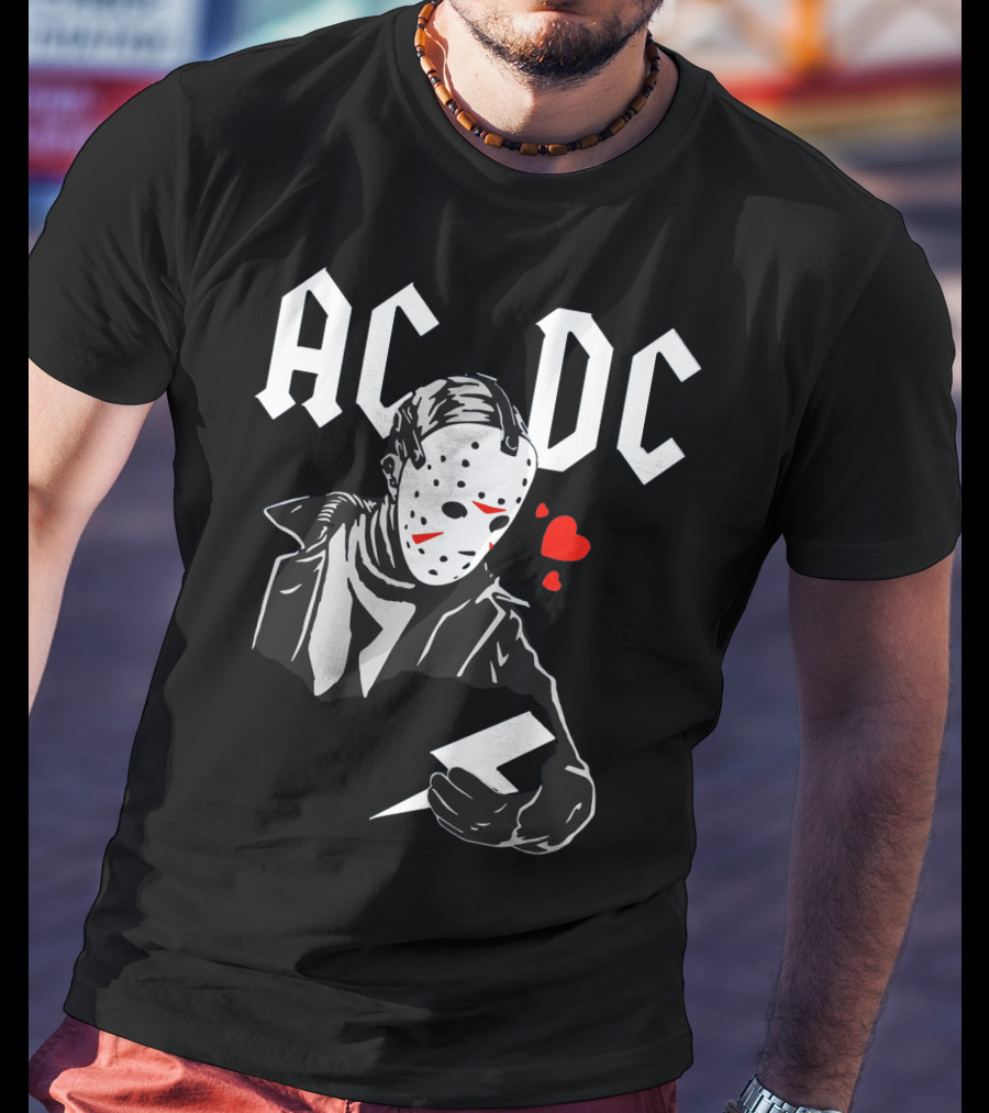 Acdc Jason Voorhees Mask Holding Lightning Bolt With Hearts T-Shirt