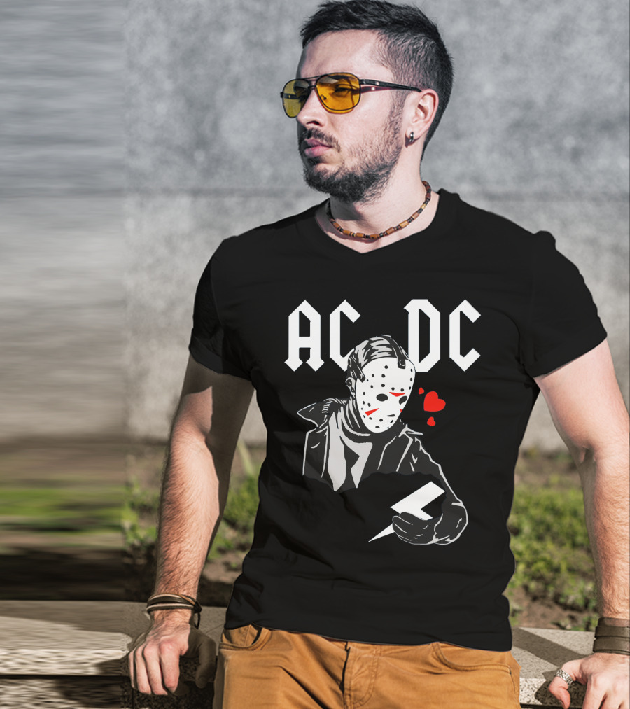 Acdc Jason Voorhees Mask Holding Lightning Bolt With Hearts T-Shirt