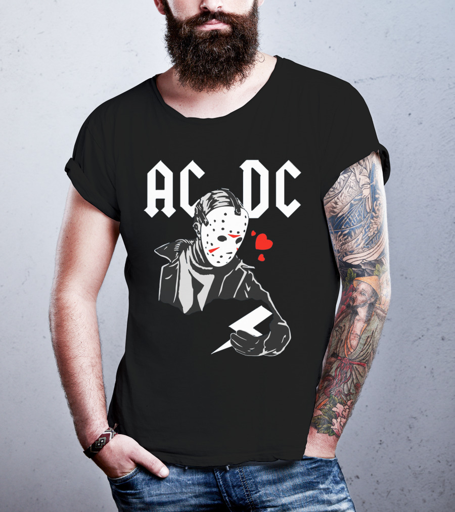 Acdc Jason Voorhees Mask Holding Lightning Bolt With Hearts T-Shirt