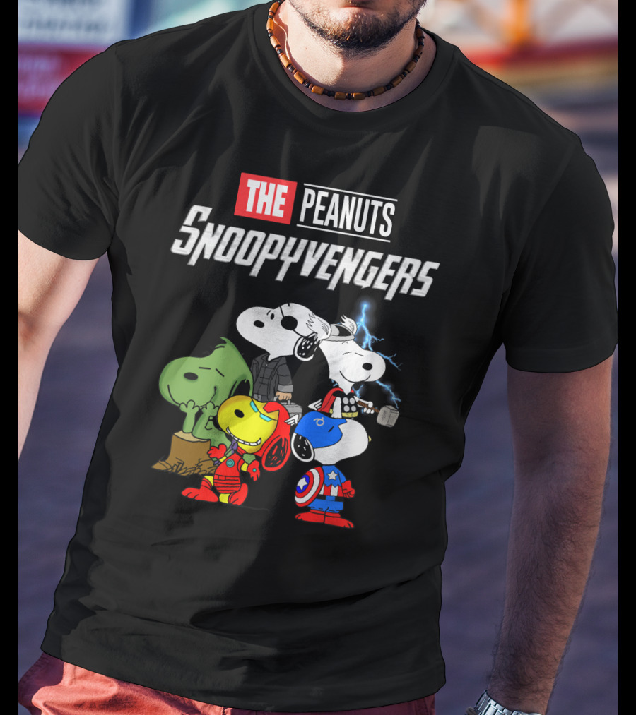 The Peanuts Snoopyvengers Marvel Avengers Endgame Crossover With Snoopy As Iron Man Captain America Thor Hulk Black Widow T-Shirt