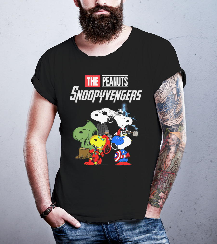 The Peanuts Snoopyvengers Marvel Avengers Endgame Crossover With Snoopy As Iron Man Captain America Thor Hulk Black Widow T-Shirt