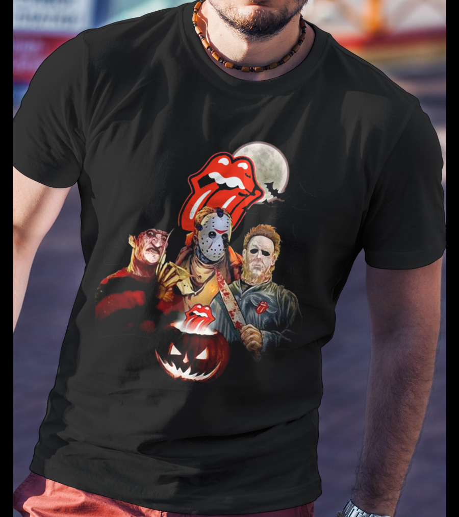 Michael Myers Voorhees Freddy Horror Mashup Halloween Moon Pumpkins Bats Tongue T-Shirt