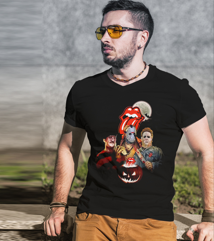 Michael Myers Voorhees Freddy Horror Mashup Halloween Moon Pumpkins Bats Tongue T-Shirt
