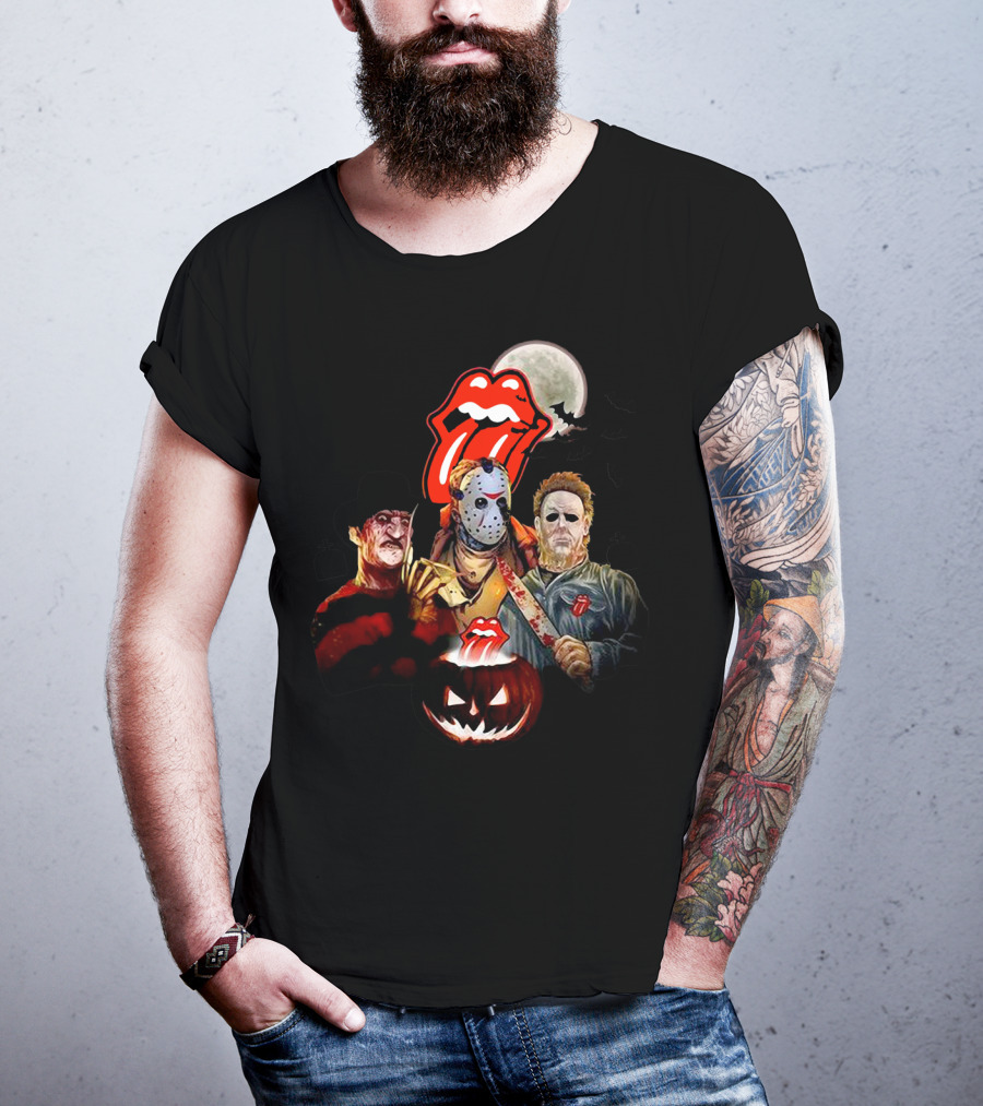 Michael Myers Voorhees Freddy Horror Mashup Halloween Moon Pumpkins Bats Tongue T-Shirt