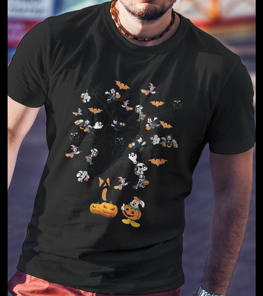 Mickey Mouse Halloween Tree With Pumpkins And Skeleton Costumes T-Shirt