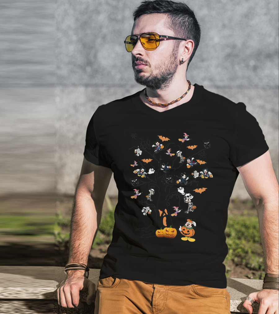 Mickey Mouse Halloween Tree With Pumpkins And Skeleton Costumes T-Shirt