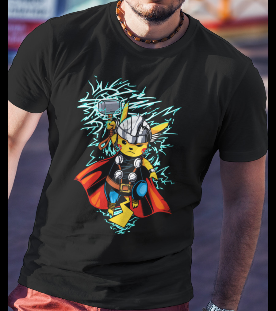 Pikachu Wielding Thor's Hammer With Lightning And Armor T-Shirt