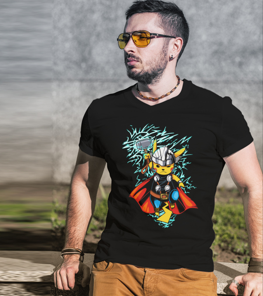 Pikachu Wielding Thor's Hammer With Lightning And Armor T-Shirt