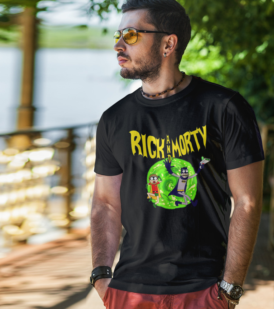 Rick And Morty In Batman Costumes With Portal Gun And Swirling Green Portal T-Shirt