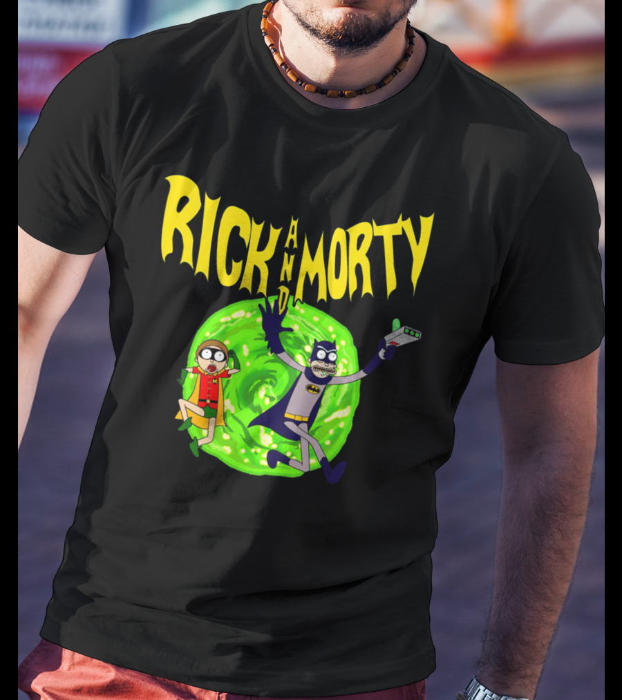 Rick And Morty In Batman Costumes With Portal Gun And Swirling Green Portal T-Shirt
