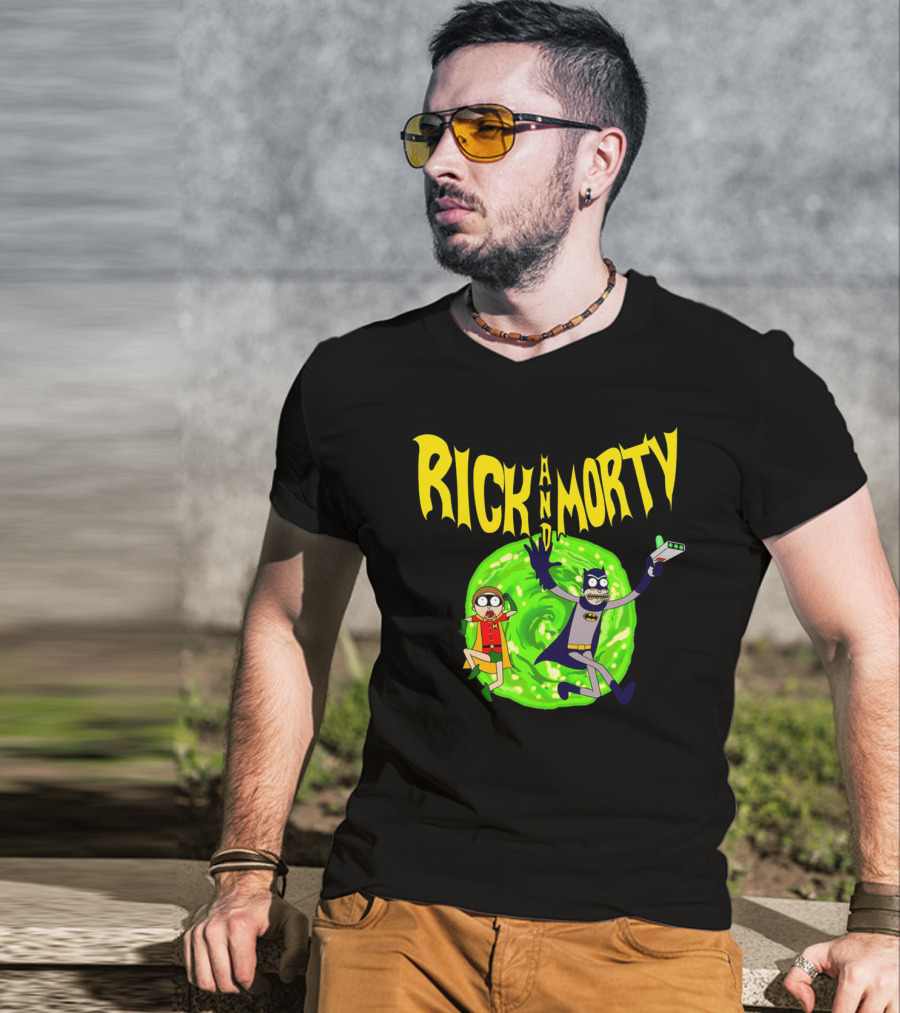 Rick And Morty In Batman Costumes With Portal Gun And Swirling Green Portal T-Shirt