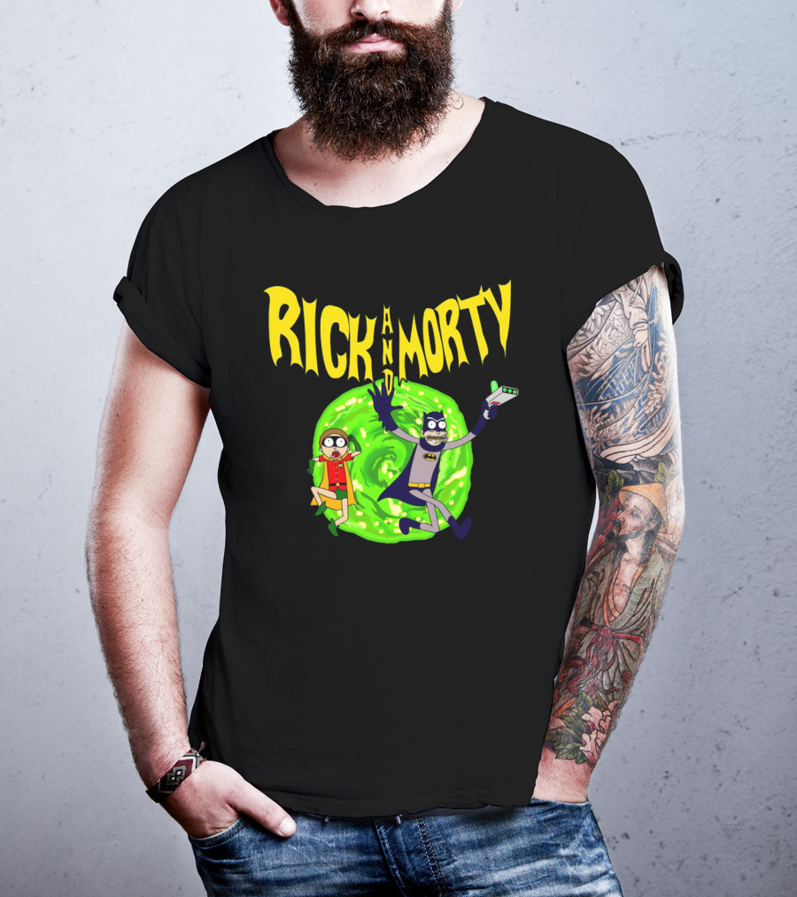 Rick And Morty In Batman Costumes With Portal Gun And Swirling Green Portal T-Shirt