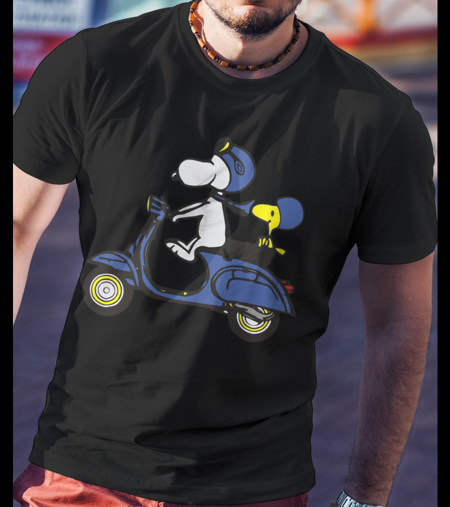 Snoopy And Woodstock Riding Blue Vespa With Helmets T-Shirt