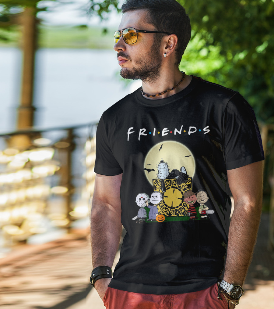 Friends Peanuts Horror Movie Characters Crossover Featuring Iconic Monsters And Symbols T-Shirt
