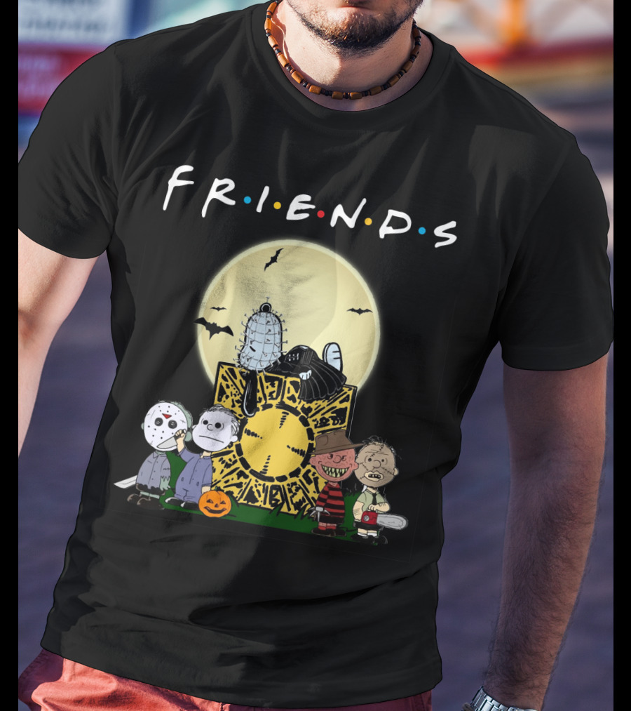 Friends Peanuts Horror Movie Characters Crossover Featuring Iconic Monsters And Symbols T-Shirt