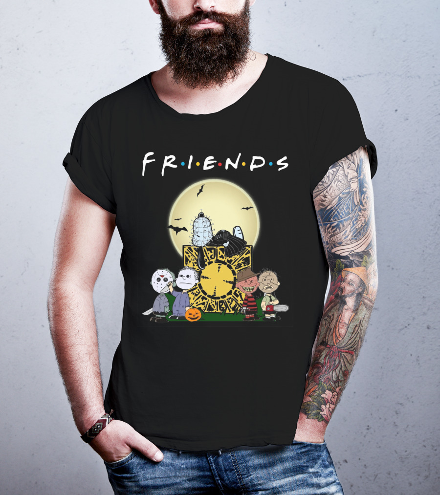 Friends Peanuts Horror Movie Characters Crossover Featuring Iconic Monsters And Symbols T-Shirt