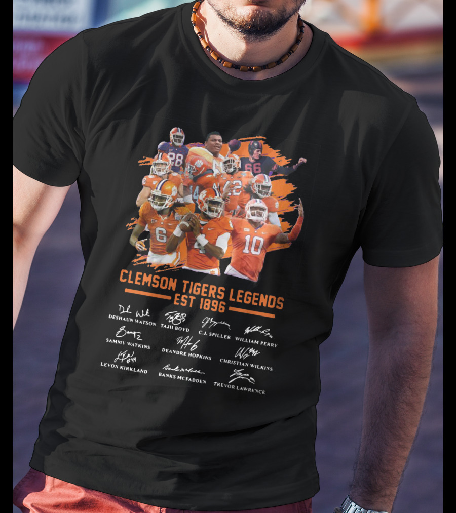 Clemson Tigers Legends Est 1896 Deshaun Watson Tajh Boyd C.J. Spiller William Perry Sammy Watkins Deandre Hopkins Christian Wilkins Levon Kirkland Banks McFadden Trevor Lawrence T-Shirt