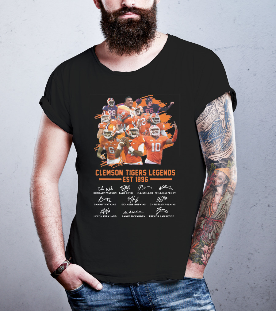 Clemson Tigers Legends Est 1896 Deshaun Watson Tajh Boyd C.J. Spiller William Perry Sammy Watkins Deandre Hopkins Christian Wilkins Levon Kirkland Banks McFadden Trevor Lawrence T-Shirt