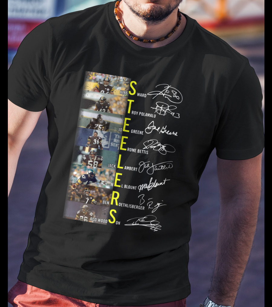 Steelers Hines Ward Troy Polamalu Joe Greene Jerome Bettis Jack Lambert Mel Blount Ben Roethlisberger Rod Woodson T-Shirt
